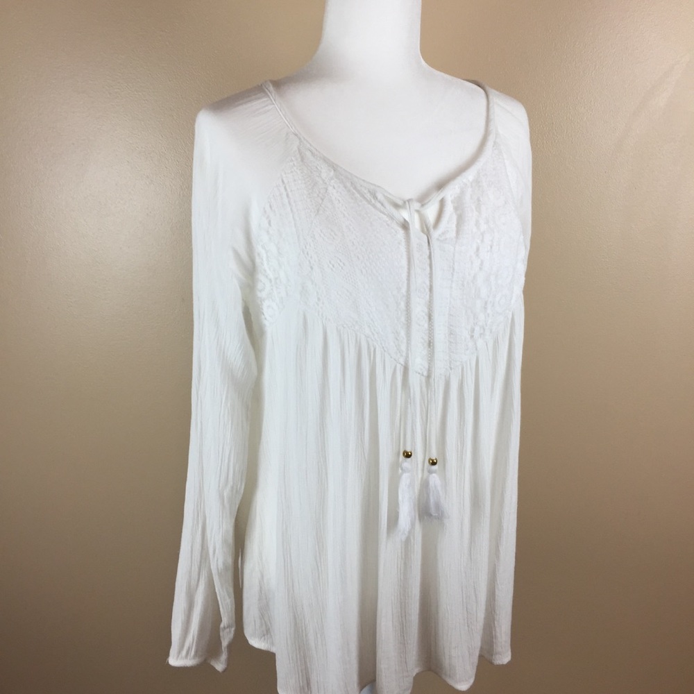 Hannah White Lace BoHo Top with Tassels